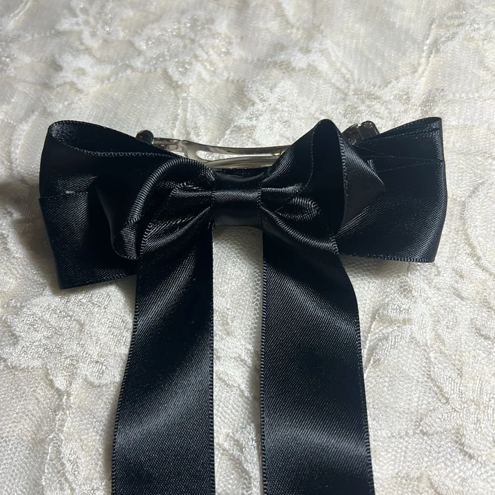 Satin Silk Hair Bow Barrette With Flowing Tails - Black 7-inch flowing tails